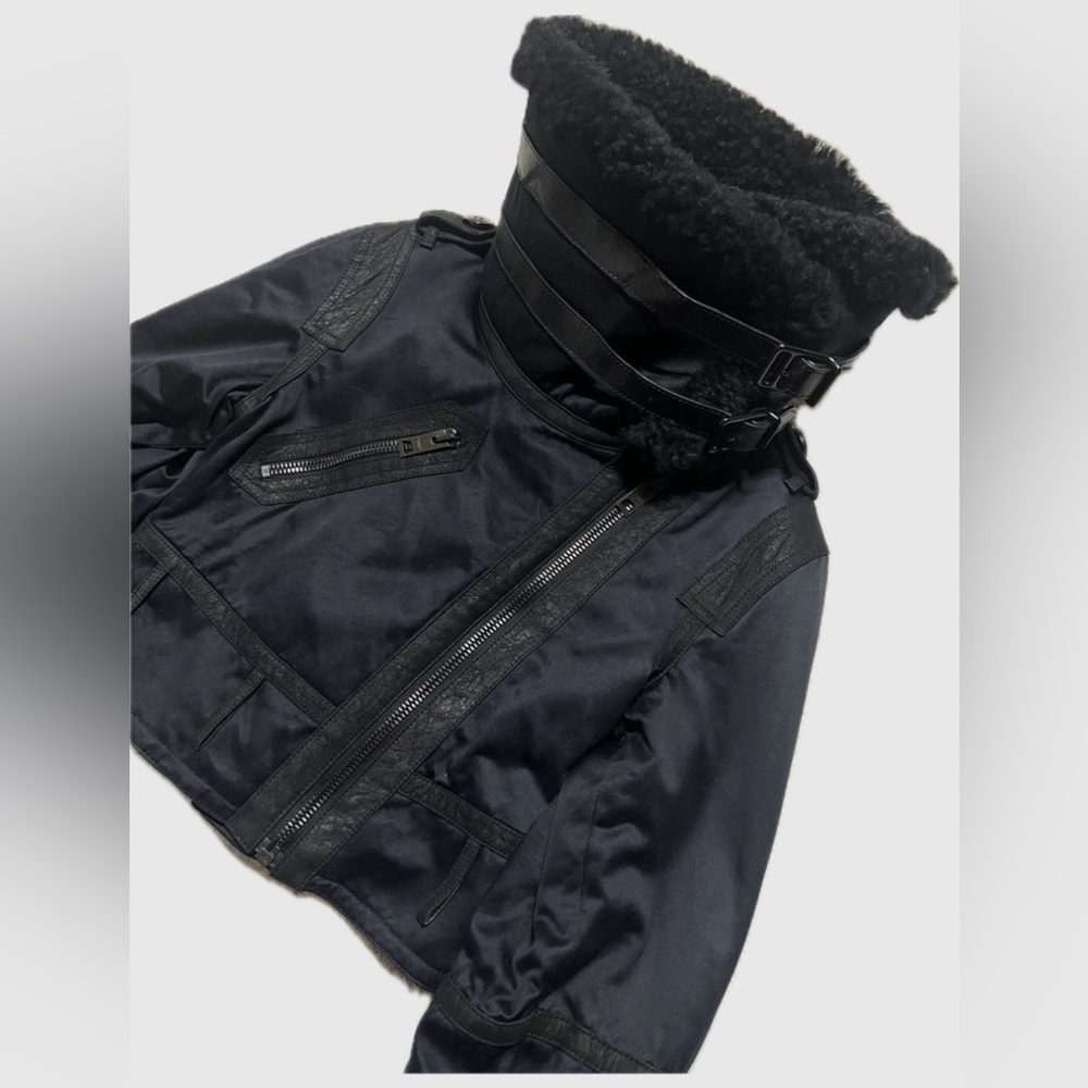 Authentic Runway vintage Burberry Prorsum Satin & Shearling aviator crop jacket.